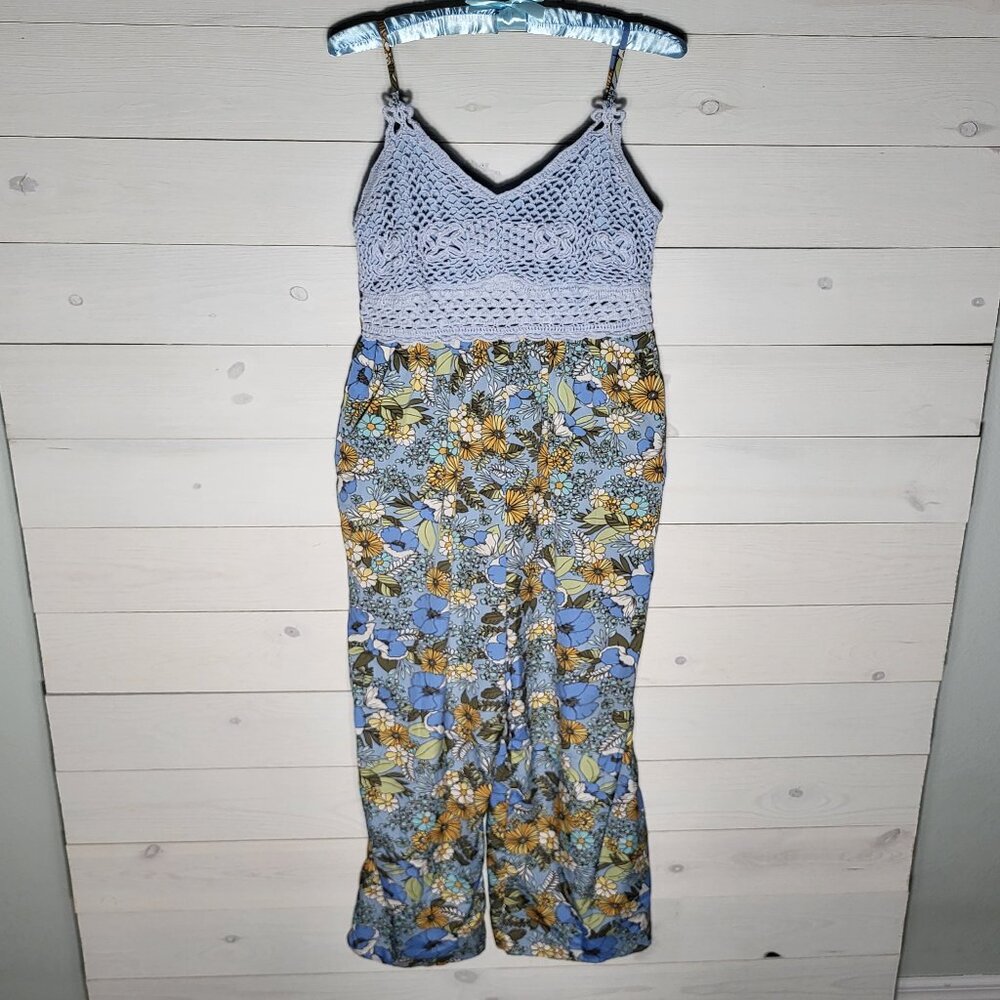 Bog Collective Jumpsuit Romper Crochet Retro Floral Wide Leg Cotton BOHO Spring.